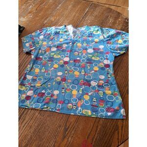 Medium Multi Color Frogs and Flowers Floral Short Sleeve VNeck Scrub Top Shirt